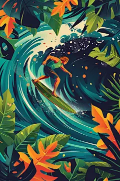 扁平风冲浪水上运动夏天插画