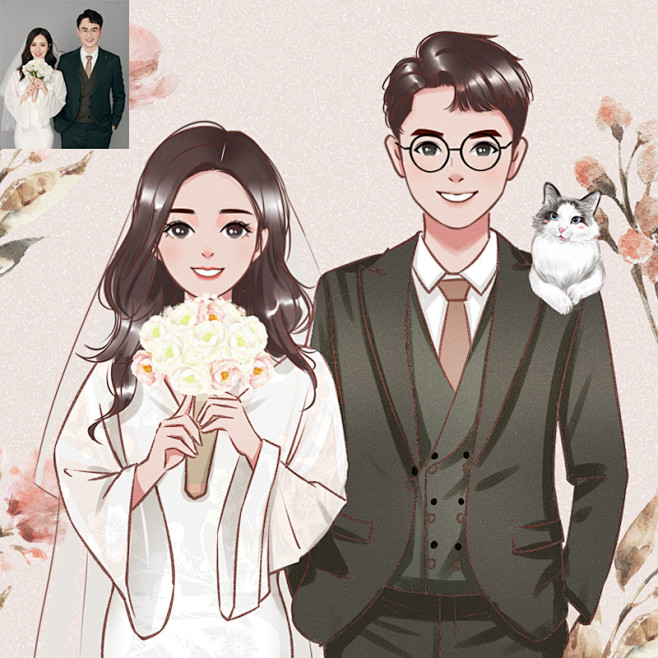 复古水彩手绘结婚礼请柬插画Q版头像定制卡...