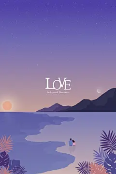 海边日出浪漫情人满天星光情侣插画