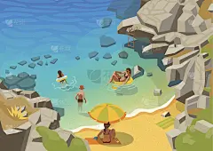 海泻湖有小沙滩和游泳的人