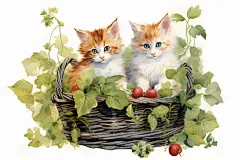 清新小猫咪坐在草莓水果篮子里插画