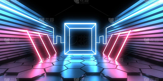 3D抽象背景霓虹灯。霓虹灯隧道。空间构造。三维插图图片_3D图片素材-花瓣网