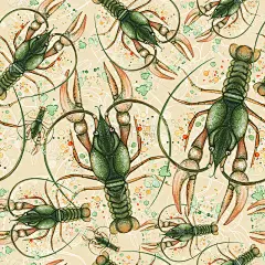 水彩图案无缝图案上的海洋主题和一个十二生肖，巨蟹座，龙虾，小河小龙虾，绿色，详细的插图，特写，白色的