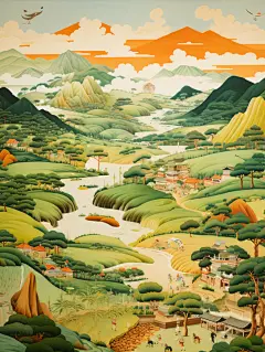山海边游泳的人物树木素材