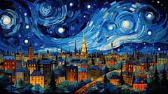 梵高画风繁荣的大城市夜景插画
