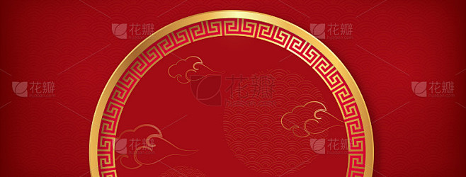 红色的中国新年旗帜背景与传统的线条艺术和...