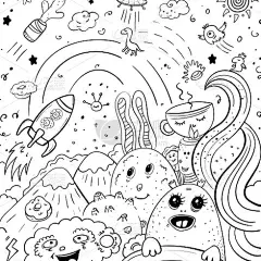 可爱的空间涂鸦月亮兔子和不明飞行物着色页矢量剪辑艺术插图