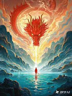 如梦似幻，极繁线条既流畅又细腻，彩铅画， 海底的福建土楼，红色巨龙从天而降， 云雾缭绕， 对望渺小的红色小人，从抽象到具体， 极繁主义插画，新工笔，现代插画， 炫彩光影，光线追踪，电影质感，曝光，梦幻
