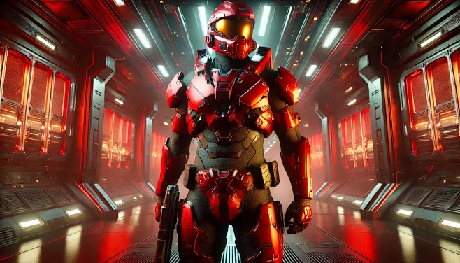 A futuristic sci-fi character in a sleek red power armor suit, standing ...