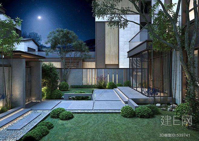 新中式别墅庭院前院3d模型