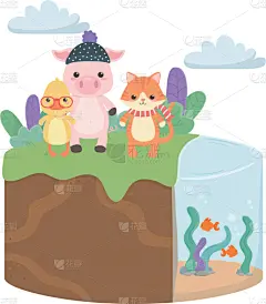猫,猪,鸭子,卡通,式样,可爱的,自然,动物园,多样,环境
