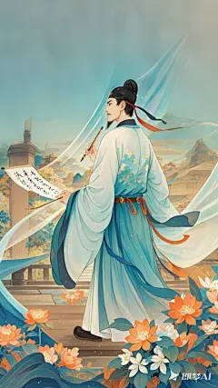 李白拿着毛笔，背影，在青色的纱幔上写静夜思，字迹在流动。凸显远处是大唐盛世繁华的场景，满屏毛法字，灵动，巨大的纱幔飞舞飘逸，强烈的立体感，，背影仰视。星汉灿烂，新工笔，宏大场面，震撼感，立体色调偏蓝色 (5)