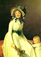 彼埃尔·摄里奇亚夫人和他的儿子  1795年    131x96cm    收藏：巴黎 卢浮宫
画中少妇和孩子神态自然，显然是一幅写生肖像画。色彩用得不多，白色为主间以绿色，显得很明快，色调淡雅中有变化，帽子上的绿色饰带与腰带相呼应，衣裙的垂挂褶纹富有疏密节奏感，单纯的背景衬托出前景人物，画境纯洁美好。古典主义法则中是只重类型排斥个性，重理性排斥情感的，而在这幅肖像画中，达维德表现出更多注重个性和情感的描绘，使画中人物神情自然而真实。

【古典画派雅克·路易·大卫】