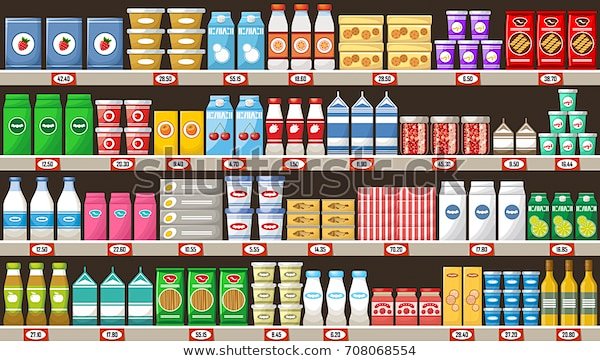 超市，货架上的产品和饮料。 矢量
