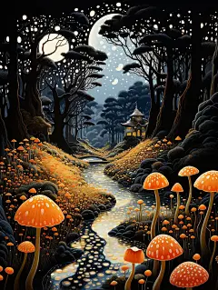 富有想象力的奇幻风景插画海报金黄色蘑菇