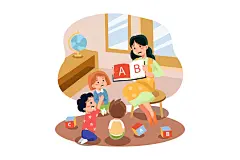 幼儿园学习场景矢量插画 Playschool Teacher Teaching Alphabets To Kids – 设计小咖
