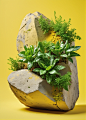 03131-4034498788-Photographic photo,realistic,a strange rock with a small number of strange green plants,yellow background,(large area blank_1