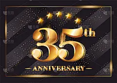 35周年庆典矢量符号。35周年纪念金图标与星星和框架。豪华闪亮设计的贺卡，邀请，祝贺卡。孤立在黑色背