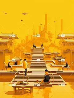 中国人坐在站台上，中国水墨风格，极简主义舞台设计，浅黄色，超