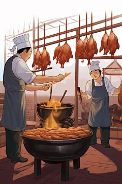 厨房厨师北京烤鸭美食制作元素插画