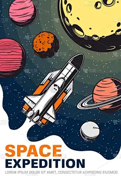 火箭在空间与行星和卫星，星系和宇宙旅行矢量设计。带有恒星的宇宙飞船或航天飞机，带有轨道的月球和土星，