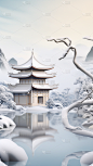 冬季冬天通用插画中国风中式古建筑自然山水积雪场景背景