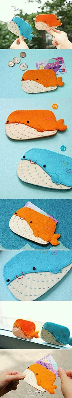 #阿卡手工-不织布#胖胖的小鲸鱼，实在是萌翻了！不要看它们大大的肚子，实际上它们的肚子里装的可是我们用的各种卡！一起跟着萌萌的小鲸鱼遨游大海吧！
