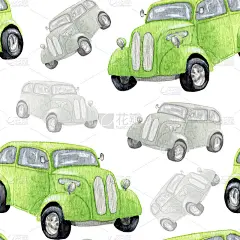 水彩图案与绿色复古汽车。设计婴童服装，育婴室，纺织品，文具，包装纸。
