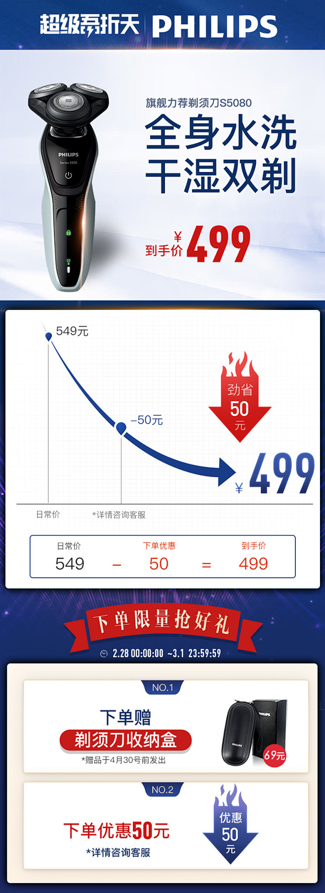 飞利浦剃须刀S5080男士充电式剃须刀电...