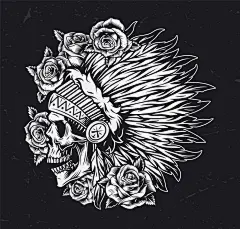 头戴羽毛冠饰的人类骷髅与玫瑰花束插画设计