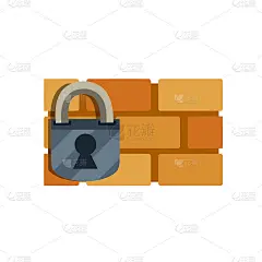 帐户保护和安全。屏蔽系统。应用程序图标。互联网防病毒。平坦的插图。红砖墙，锁紧