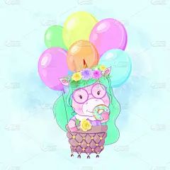 可爱的,绘画插图,卡通,气球,独角兽,女孩,水彩画,贺卡,水彩画颜料,小马