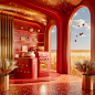 3d rendering, the red oven is already in the shop, the gold wheat decoration, the cake container with warm yellow light, the red wall, and the curved floor-to-ceiling Windows see the blue sky and wheat fields outside