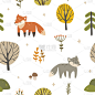 秋天森林可爱的动物图案。用于纺织、织物、服装、包装、纸张、文具等行业的无缝纹理。