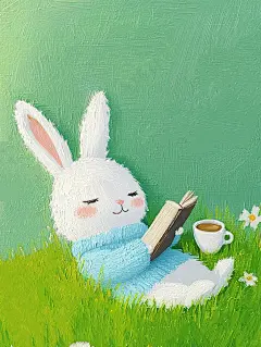 油画系列｜兔兔正在草地上看书，喝咖啡☕️ - 小红书