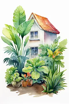 绿植房屋花园植物艺术水彩建筑画作插画