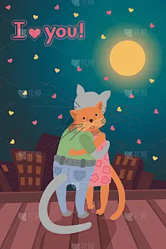 矢量卡与情人节的概念，两只猫在屋顶上的晚上