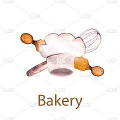 水彩插图。创意的标志，糕点厨师，家庭面包房，厨师，烹饪等。糕点搅拌器，擀面杖和厨师帽的插图。
