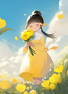 春天花季立春节气一个超级快乐可爱中国古代小女孩油菜花平面插图风格