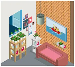 AI矢量卡通手绘室内空间场景插画阁楼客厅厨房家具H5网页设计素材