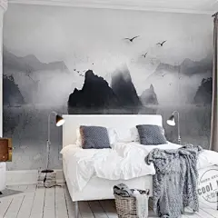 米诺 新中式水墨山水壁纸 手绘意境飞鸟壁画 客厅电视背景墙纸-淘宝网