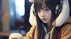 (2/4) 一位年轻的亚洲女孩在晚上使用她的笔记本电脑，戴着耳机，呈现出橙色和金色的灯光效果，具有游戏核心风格，类似于Shilin Huang的照片现实主义技巧，新学院主义，竞赛获胜者，Cecilia Beaux(AI绘图来自WeDraw.art)