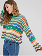 Nonelastic Full Crew Regular Loose Casual Pullovers Loose Knit Multicolored Sweater