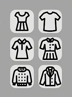 一套六件不同款式上衣的图标集合，每件均为简约黑色线条勾勒，轮廓清晰，包含连衣裙、短袖T恤、衬衫、短裙、毛衣和外套，每个图标独立置于纯色背景上，整体采用统一的极简主义平面设计风格，线条粗细均匀，无渐变和阴影，所有图标规整排列，保持一致的视觉语言和设计感。