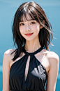 03799-2535349854-1girl,moyou,hair with bangs,black long dress,turquoise background,smile,