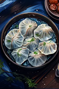 AI数字艺术冬至包饺子手绘插画