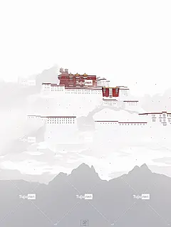 布达拉宫被白色浓雾包围，佛教禅宗平面插图海报