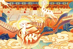 Mid-Autumn Festival packing illustration白鹿追月中秋包装插画 : 【白鹿追月】主题: 中秋系列立体包装插画元素：白鹿、故宫、万里长城、天坛、颐和园，十七孔桥等风格：传统中国风插画: @简爱手绘——————————————本插画作品版权归属客户所有，请勿擅自使用。