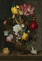 16世纪油画里的插花艺术。巴洛克风格画家Ambrosius Bosschaert(1587–1613年)，擅长各种花的创作，是该流派的领先代表性人物，色彩艳丽，笔调丰富，栩栩如生。