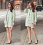 Chicwish Round Sunnies, Choies Mint Coat, Chicwish Crochet Dress, Valentino Rockstud Clutch, Red Valentino Metallic Bow Heels